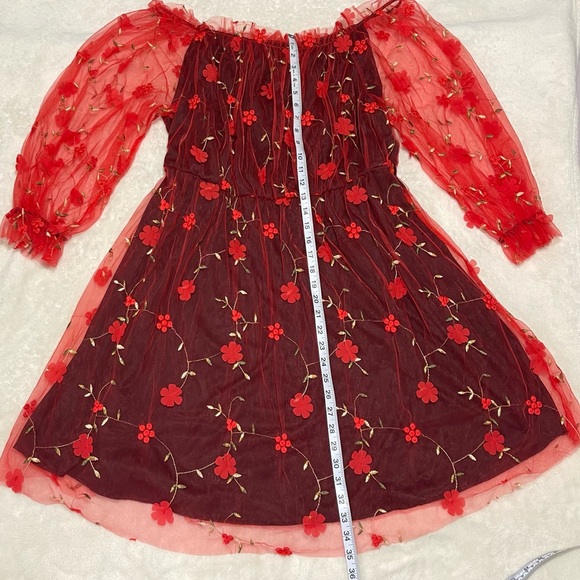 SHEIN Red Embroidered Mesh Bardot Dress - Picture 2 of 5